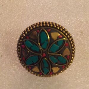 Inlay turquoise coral brass ring